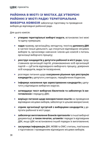 38
РАЙОННА В МІСТІ (У МІСТАХ, ДЕ УТВОРЕНІ
РАЙОННІ У МІСТІ РАДИ) ТЕРИТОРІАЛЬНА
ВИБОРЧА КОМІСІЯ забезпечує підготовку та проведення
виборів до відповідної районної ради.
Для цього комісія:
	● утворює територіальні виборчі округи, встановлює їхні межі
та єдину нумерацію;
	● надає правову, організаційну, методичну, технічну допомогу ДВК
в частині їхньої діяльності, що стосується відповідних місцевих
виборів та, організовує навчання членів цих комісій з питань
організації виборчого процесу;
	● реєструє кандидатів у депутати районної в місті ради, пред-
ставників організацій партій, уповноважених осіб організацій
партій — суб’єктів відповідного виборчого процесу, довірених
осіб кандидатів, видає їм посвідчення;
	● розглядає питання щодо скасування рішення про реєстрацію
кандидатів у депутати у випадках, передбачених Кодексом;
	● інформує населення про зареєстрованих кандидатів у депу-
тати у відповідних виборчих округах;
	● затверджує текст виборчих бюлетенів та забезпечує їх ви-
готовлення і передачу ДВК;
	● вирішує питання щодо використання коштів на проведення
відповідних місцевих виборів, забезпечує їх цільове використання;
	● сприяє організації зустрічей з виборцями кандидатів у де-
путати районної в місті ради;
	● забезпечує виготовлення бланків протоколів та іншої виборчої
документації, а також печаток, штампів і передає їх відповідним
ДВК, якщо ЦВК не встановлено інший порядок їх виготовлення;
	● заслуховує інформацію ДВК, МОВВ та ОМС з питань, пов’язаних
з підготовкою і проведенням відповідних місцевих виборів;
 