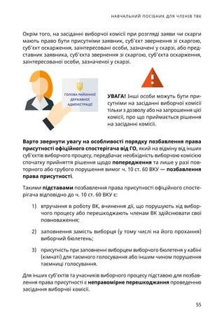 НАВЧАЛЬНИЙ ПОСІБНИК ДЛЯ ЧЛЕНІВ ТВК
55
Окрім того, на засіданні виборчої комісії при розгляді заяви чи скарги
мають право бути присутніми заявник, суб’єкт звернення зі скаргою,
суб’єкт оскарження, заінтересовані особи, зазначені у скарзі, або пред-
ставник заявника, суб’єкта звернення зі скаргою, суб’єкта оскарження,
заінтересованої особи, зазначеної у скарзі.
УВАГА! Інші особи можуть бути при-
сутніми на засіданні виборчої комісії
тільки з дозволу або на запрошення цієї
комісії, про що приймається рішення
на засіданні комісії.
Варто звернути увагу на особливості порядку позбавлення права
присутності офіційного спостерігача від ГО, який на відміну від інших
суб’єктів виборчого процесу, передбачає необхідність виборчою комісією
спочатку прийняття рішення щодо попередження та лише у разі пов-
торного або грубого порушення вимог ч. 10 ст. 60 ВКУ — позбавлення
права присутності.
Такими підставами позбавлення права присутності офіційного спосте-
рігача відповідно до ч. 10 ст. 60 ВКУ є:
1)	 втручання в роботу ВК, вчинення дії, що порушують хід вибор-
чого процесу або перешкоджають членам ВК здійснювати свої
повноваження;
2)	 заповнення замість виборця (у тому числі на його прохання)
виборчий бюлетень;
3)	 присутність при заповненні виборцем виборчого бюлетеня у кабіні
(кімнаті) для таємного голосування або іншим чином порушення
таємниці голосування.
Для інших суб’єктів та учасників виборчого процесу підставою для позбав­
лення права присутності є неправомірне перешкоджання проведенню
засідання виборчої комісії.
ГОЛОВА РАЙОННОЇ
ДЕРЖАВНОЇ
АДМІНІСТРАЦІЇ
 