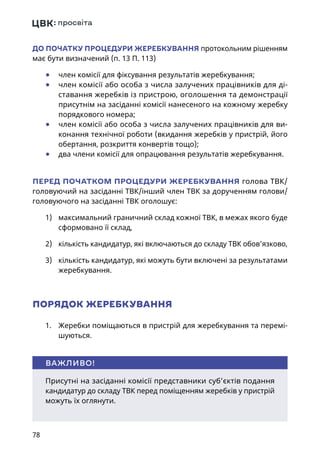78
ДО ПОЧАТКУ ПРОЦЕДУРИ ЖЕРЕБКУВАННЯ протокольним рішенням
має бути визначений (п. 13 П. 113)
	● член комісії для фіксування результатів жеребкування;
	● член комісії або особа з числа залучених працівників для ді-
ставання жеребків із пристрою, оголошення та демонстрації
присутнім на засіданні комісії нанесеного на кожному жеребку
порядкового номера;
	● член комісії або особа з числа залучених працівників для ви-
конання технічної роботи (вкидання жеребків у пристрій, його
обертання, розкриття конвертів тощо);
	● два члени комісії для опрацювання результатів жеребкування.
ПЕРЕД ПОЧАТКОМ ПРОЦЕДУРИ ЖЕРЕБКУВАННЯ голова ТВК/
головуючий на засіданні ТВК/інший член ТВК за дорученням голови/
головуючого на засіданні ТВК оголошує:
1)	 максимальний граничний склад кожної ТВК, в межах якого буде
сформовано її склад,
2)	 кількість кандидатур, які включаються до складу ТВК обов’язково,
3)	 кількість кандидатур, які можуть бути включені за результатами
жеребкування.
ПОРЯДОК ЖЕРЕБКУВАННЯ
1.	 Жеребки поміщаються в пристрій для жеребкування та перемі-
шуються.
Присутні на засіданні комісії представники суб’єктів подання
кандидатур до складу ТВК перед поміщенням жеребків у пристрій
можуть їх оглянути.
ВАЖЛИВО!
 