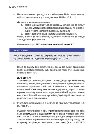 80
6.	 Після закінчення процедури жеребкування ТВК складає список
осіб, які включаються до складу кожної ТВК (п. 17 П. 113).
До таких списків включаються:
1.	 особи, що підлягають обов’язковому включенню до складу
ТВК (за умови наявності відповідних подань та їх відпо-
відності встановленим Кодексом вимогам),
2.	 особи, визначені за результатами жеребкування.
Особи, внесені до таких списків, підлягають включенню до складу
ТВК під час їх формування.
7.	 Одночасно з цим ТВК призначає керівний склад ВК.
Голова, заступник голови та секретар ТВК мають призначатися
від різних суб’єктів подання кандидатур (ч.14 ст.203).
ВАЖЛИВО!
Якщо до складу ТВК включено дві особи від однієї організації
партії, ці особи не можуть бути одночасно призначені на керівні
посади в такій ТВК.
ДО ВІДОМА!
Така ситуація можлива, якщо одна кандидатура була подана від
організації партії, про утворення депутатської фракції якої ого-
лошено на першій черговій сесії ВРУ поточного скликання, і яка
підлягала обов’язковому включенню, а друга — від зареєстрованої
в установленому законом порядку у відповідній адміністратив-
но-територіальній одиниці організації цієї партії, включена за
результатами жеребкування.
8.	 Результати жеребкування вносяться до протоколу засідання ТВК
(п. 19 П. 113).
Рішення про утворення ТВК оприлюднюється відповідною ТВК,
яка її сформувала, з відомостями про її склад у спосіб, визначе-
ний цією ТВК, не пізніше наступного дня з дня утворення комісії.
ТВК має також оприлюднювати рішення про заміни у складі ТВК
в порядку та строки, встановлені ст. 203 Кодексу (ч. 15 ст. 203 ВКУ)
 