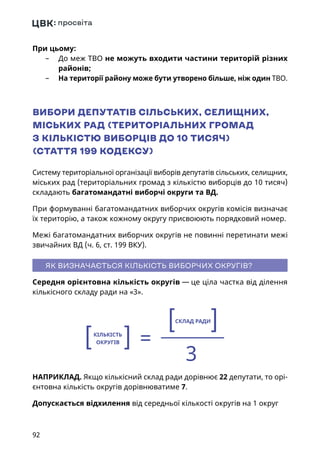 92
При цьому:
	– До меж ТВО не можуть входити частини територій різних
районів;
	– На території району може бути утворено більше, ніж один ТВО.
ВИБОРИ ДЕПУТАТІВ СІЛЬСЬКИХ, СЕЛИЩНИХ,
МІСЬКИХ РАД (ТЕРИТОРІАЛЬНИХ ГРОМАД
З КІЛЬКІСТЮ ВИБОРЦІВ ДО 10 ТИСЯЧ)
(СТАТТЯ 199 КОДЕКСУ)
Систему територіальної організації виборів депутатів сільських, селищних,
міських рад (територіальних громад з кількістю виборців до 10 тисяч)
складають багатомандатні виборчі округи та ВД.
При формуванні багатомандатних виборчих округів комісія визначає
їх територію, а також кожному округу присвоюють порядковий номер.
Межі багатомандатних виборчих округів не повинні перетинати межі
звичайних ВД (ч. 6, ст. 199 ВКУ).
ЯК ВИЗНАЧАЄТЬСЯ КІЛЬКІСТЬ ВИБОРЧИХ ОКРУГІВ?
Середня орієнтовна кількість округів — це ціла частка від ділення
кількісного складу ради на «3».
НАПРИКЛАД. Якщо кількісний склад ради дорівнює 22 депутати, то орі-
єнтовна кількість округів дорівнюватиме 7.
Допускається відхилення від середньої кількості округів на 1 округ
=
3
СКЛАД РАДИ
КІЛЬКІСТЬ
ОКРУГІВ
 
