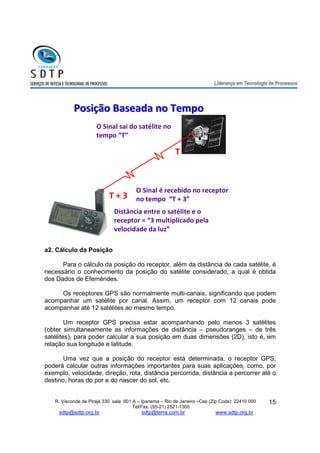 T 
O Sinal sai do satélite no 
tempo “T” 
O Sinal é recebido no receptor 
no tempo “T + 3” 
R. Visconde de Pirajá 330 sala 601 A – Ipanema – Rio de Janeiro –Cep (Zip Code): 22410 000 
Tel/Fax: (55-21) 2521-1300 
sdtp@sdtp.org.br sdtp@terra.com.br www.sdtp.org.br 
15 
Posição BBaasseeaaddaa nnoo TTeemmppoo 
T + 3 
Distância entre o satélite e o 
receptor = “3 multiplicado pela 
velocidade da luz” 
a2. Cálculo da Posição 
Para o cálculo da posição do receptor, além da distância de cada satélite, é 
necessário o conhecimento da posição do satélite considerado, a qual é obtida 
dos Dados de Efemérides. 
Os receptores GPS são normalmente multi-canais, significando que podem 
acompanhar um satélite por canal. Assim, um receptor com 12 canais pode 
acompanhar até 12 satélites ao mesmo tempo. 
Um receptor GPS precisa estar acompanhando pelo menos 3 satélites 
(obter simultaneamente as informações de distância – pseudoranges – de três 
satélites), para poder calcular a sua posição em duas dimensões (2D), isto é, em 
relação sua longitude e latitude. 
Uma vez que a posição do receptor está determinada, o receptor GPS, 
poderá calcular outras informações importantes para suas aplicações, como, por 
exemplo, velocidade, direção, rota, distância percorrida, distância a percorrer até o 
destino, horas do por e do nascer do sol, etc. 
 
