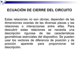 ECUACIÓN DE CIERRE DEL CIRCUITO

Estas relaciones no son obvias; dependen de las
dimensiones exactas de las diversas piezas y las
relaciones o interacciones entre ellas. Para
descubrir estas relaciones se necesita una
descripción rigurosa de las características
geométricas esenciales del dispositivo. Se pueden
usar los vectores de diferencia de posición y de
posición    aparente   para    proporcionar    tal
descripción.
 