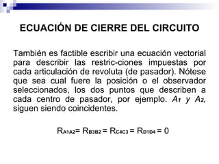 ECUACIÓN DE CIERRE DEL CIRCUITO

También es factible escribir una ecuación vectorial
para describir las restric­ciones impuestas por
cada articulación de revoluta (de pasador). Nótese
que sea cual fuere la posición o el observador
seleccionados, los dos puntos que describen a
cada centro de pasador, por ejemplo. A1 y A2,
siguen siendo coincidentes.

           RA1A2= RB3B2 = RC4C3 = RD1D4 = 0
 