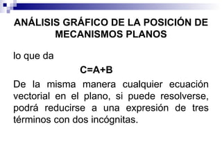ANÁLISIS GRÁFICO DE LA POSICIÓN DE
       MECANISMOS PLANOS

lo que da
               C=A+B
De la misma manera cualquier ecuación
vectorial en el plano, si puede resolverse,
podrá reducirse a una expresión de tres
términos con dos incógnitas.
 