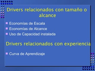 Drivers relacionados con tamaño o  alcance Economías de Escala Economías de Alcance Uso de Capacidad instalada Drivers relacionados con experiencia Curva de Aprendizaje 