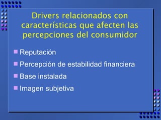 Drivers relacionados con características que afecten las percepciones del consumidor Reputación Percepción de estabilidad financiera Base instalada Imagen subjetiva 