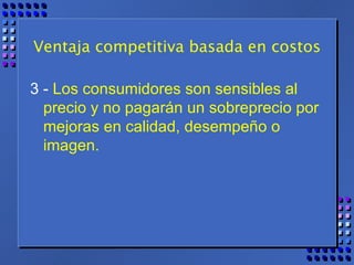 Ventaja competitiva basada en costos 3 -  Los consumidores son sensibles al precio y no pagarán un sobreprecio por mejoras en calidad, desempeño o imagen. 