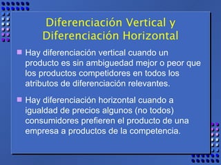 Diferenciación Vertical y Diferenciación Horizontal Hay diferenciación vertical cuando un producto es sin ambiguedad mejor o peor que los productos competidores en todos los atributos de diferenciación relevantes.  Hay diferenciación horizontal cuando a igualdad de precios algunos (no todos) consumidores prefieren el producto de una empresa a productos de la competencia. 