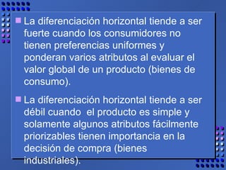 La diferenciación horizontal tiende a ser fuerte cuando los consumidores no tienen preferencias uniformes y ponderan varios atributos al evaluar el valor global de un producto (bienes de consumo).  La diferenciación horizontal tiende a ser débil cuando  el producto es simple y solamente algunos atributos fácilmente priorizables tienen importancia en la decisión de compra (bienes industriales). 