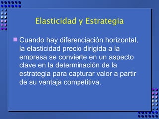 Elasticidad y Estrategia Cuando hay diferenciación horizontal,  la elasticidad precio dirigida a la empresa se convierte en un aspecto clave en la determinación de la estrategia para capturar valor a partir de su ventaja competitiva. 