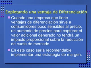 Explotando una ventaja de Diferenciación Cuando una empresa que tiene ventajas de diferenciación sirve a consumidores poco sensibles al precio, un aumento de precios para capturar el valor adicional generado no tendrá un impacto proporcional sobre la reducción de cuota de mercado. En este caso sería recomendable implementar una estrategia de margen. 