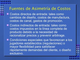Fuentes de Asimetría de Costos Costos directos de entrada: tales como cambios de diseño, costos de manufactura, costos de canal, gastos de promoción. Costos indirectos de entrada: tales como costos impuestos en la línea completa de producto debido a la necesidad de racionalizar precios y prevenir arbitrage. Condiciones especiales que favorezcan a los jugadores establecidos (regulaciones) o mayor flexibilidad para satisfacer rápidamente demandas del cliente, o diseño exclusivo. 