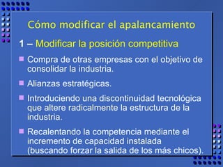 Cómo modificar el apalancamiento 1 –   Modificar la posición competitiva   Compra de otras empresas con el objetivo de consolidar la industria. Alianzas estratégicas.  Introduciendo una discontinuidad tecnológica que altere radicalmente la estructura de la industria. Recalentando la competencia mediante el incremento de capacidad instalada (buscando forzar la salida de los más chicos). 