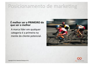 Posicionamento	
  de	
  marke/ng	
  

    É	
  melhor	
  ser	
  o	
  PRIMEIRO	
  do	
  
    que	
  ser	
  o	
  melhor	
  
     A	
  marca	
  líder	
  em	
  qualquer	
  
     categoria	
  é	
  a	
  primeira	
  na	
  
     mente	
  do	
  cliente	
  potencial.	
  




Copyright © Prof. Alexandre Rodriguez 2012
 