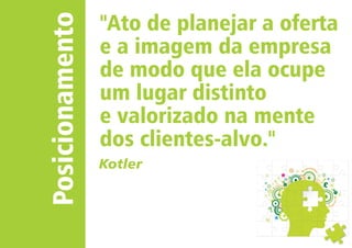Posicionamento 
"Ato de planejar a oferta 
e a imagem da empresa 
de modo que ela ocupe 
um lugar distinto 
e valorizado na mente 
dos clientes-alvo." 
Kotler 
 