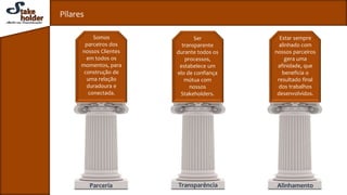Parceria Transparência Alinhamento
Somos
parceiros dos
nossos Clientes
em todos os
momentos, para
construção de
uma relação
duradoura e
conectada.
Pilares
Ser
transparente
durante todos os
processos,
estabelece um
elo de confiança
mútua com
nossos
Stakeholders.
Estar sempre
alinhado com
nossos parceiros
gera uma
afinidade, que
beneficia o
resultado final
dos trabalhos
desenvolvidos.
 