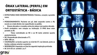 ÓRAX LATERAL (PERFIL) EM
ORTOSTÁTICA - BÁSICA
ESTRUTURAS MAIS DEMONSTRADAS: Pulmões, coração e grandes
vasos.
POSICIONAMENTO: Paciente em pé, lado esquerdo contra o RI,
exceto se o lado direito vier especificado no pedido.
Braços elevados e cruzados acima da cabeça com queixo elevado.
Perfil verdadeiro: sem rotação ou inclinação. O PMS deve estar
paralelo ao RI.
Tórax centralizado ao RC e ao RI tanto anterior quanto
posteriormente.
RC: Perpendicular direcionado a T7.
DFR: 180 cm.
COLIMAÇÃO: na borda superior ao nível de C7, nas laterais, junto as
bordas cutâneas anterior e posterior.
RESPIRAÇÃO: Exposição ao final da segunda inspiração profunda.
RI: 35 X 43 cm sentido L ou T
 