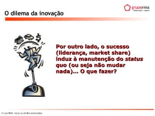 O dilema da inovação Por outro lado, o sucesso (liderança, market share) induz à manutenção do  status quo  (ou seja não mudar nada)... O que fazer? 
