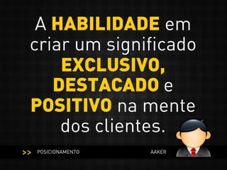 A HABILIDADE em
criar um significado
EXCLUSIVO,
DESTACADO e
POSITIVO na mente
dos clientes.
POSICIONAMENTO AAKER
<<
 