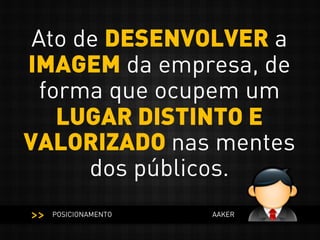 Ato de DESENVOLVER a
IMAGEM da empresa, de
forma que ocupem um
LUGAR DISTINTO E
VALORIZADO nas mentes
dos públicos.
POSICIONAMENTO AAKER
<<
 