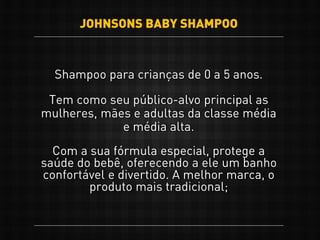 JOHNSONS BABY SHAMPOO
Shampoo para crianças de 0 a 5 anos.
Tem como seu público-alvo principal as
mulheres, mães e adultas da classe média
e média alta.
Com a sua fórmula especial, protege a
saúde do bebê, oferecendo a ele um banho
confortável e divertido. A melhor marca, o
produto mais tradicional;
 