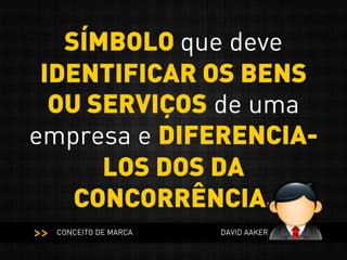 SÍMBOLO que deve
IDENTIFICAR OS BENS
OU SERVIÇOS de uma
empresa e DIFERENCIA-
LOS DOS DA
CONCORRÊNCIA.
CONCEITO DE MARCA DAVID AAKER
<<
 