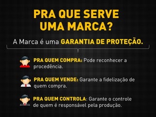 PRA QUE SERVE
UMA MARCA?
A Marca é uma GARANTIA DE PROTEÇÃO.
PRA QUEM COMPRA: Pode reconhecer a
procedência.
PRA QUEM VENDE: Garante a fidelização de
quem compra.
PRA QUEM CONTROLA: Garante o controle
de quem é responsável pela produção.
 