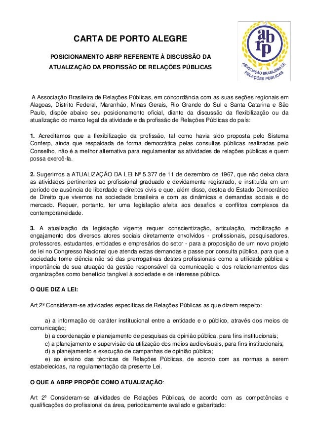 Carta de Porto Alegre - Posicionamento da ABRP nacional e 