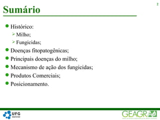 Histórico:
 Milho;
 Fungicidas;
Doenças fitopatogênicas;
Principais doenças do milho;
Mecanismo de ação dos fungicidas;
Produtos Comerciais;
Posicionamento.
Sumário
2
 