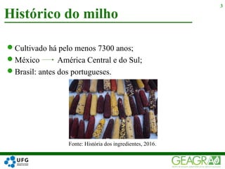 Cultivado há pelo menos 7300 anos;
México América Central e do Sul;
Brasil: antes dos portugueses.
Histórico do milho
3
Fonte: História dos ingredientes, 2016.
 