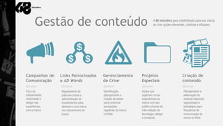 Gestão de conteúdo                                             A 68 interativa gera credibilidade para sua marca
                                                                       ao criar ações relevantes, criativas e eficazes.




Campanhas de      Links Patrocinados     Gerenciamento        Projetos                        Criação de
Comunicação       e AD Words             de Crise             Especiais                       conteúdo.

Foco na           Mapeamento de          Identificação,       Ações que                        Planejamento e
interatividade,   palavras-chave e       planejamento e       exploram novas                   elaboração de
criatividade e    administração de       criação de ações     experiências da                  material relevante,
design nas        investimentos para     para contornar       marca com seu                    segmentado e
experiências      destacar a sua marca   percepções           público através da               estratégico para
com a marca.      nos mecanismos de      negativas da marca   inter-relação de                 frequência de
                  busca.                 na Web.              tecnologia, design               comunicação da
                                                              e conteúdo.                      marca na Web.
 