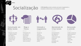 Socialização                               A 68 interativa propõe soluções para gerar engajamento e
                                                     resultados institucionais ou conversão em vendas.




Comunicação em           Blogs e             Interação e                  Manutenção de                 Mensuração
Mídias Sociais           Fóruns              engajamento                  Crises Sociais                e controle

Definição dos canais   Participação junto    Geração de                   Acompanhamento                 Análise e tomada de
e melhores práticas    aos meios de          valores e                    das relações da                decisão através de
para realizar a        comunicação           percepções                   marca com os                   métricas e
comunicação da         digitais que          positivas para sua           usuários das mídias            ferramentas como:
marca junto aos        formam opinião no     marca, através do            sociais para                   Analytics
usuários nesse         público alvo da sua   diálogo com o                contornar                      Trends Map
universo.              marca na internet.    público.                     percepções não                 Goo.gl
                                                                          favoráveis.                    Hoot Suite
 