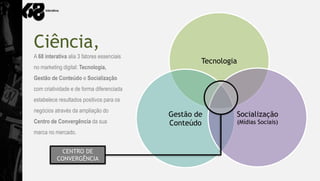 Ciência,
A 68 interativa alia 3 fatores essenciais
                                                    Tecnologia
no marketing digital: Tecnologia,
Gestão de Conteúdo e Socialização
com criatividade e de forma diferenciada
estabelece resultados positivos para os
negócios através da ampliação do
                                            Gestão de        Socialização
Centro de Convergência da sua               Conteúdo             (Mídias Sociais)
marca no mercado.


           CENTRO DE
          CONVERGÊNCIA
 