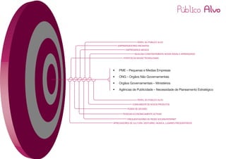 PERFIL DO PÚBLICO ALVO
    EMPREENDEDORES INICIANTES
          EMPRESÁRIOS MEDIOS
                 BUSCAM CONSTANTEMENTE NOVAS IDEIAS E APRENDIZADO
        ATENTOS AS NOVAS TECNOLOGIAS




•    PME – Pequenas e Medias Empresas

•    ONG – Orgãos Não Governamentais

•    Orgãos Governamentais – Ministérios
•    Agências de Publicidade – Necessidade de Planeamento Estratégico


                   PERFIL DO PÚBLICO ALVO

               CONSUMIDOR DE NOVOS PRODUTOS

           PODER DE DECISÃO

        PESSOAS ECONOMICAMENTE ACTIVAS

           FREQUENTADORES DE REDES SOCIAIS/INTERNET
APRECIADORES DE CULTURA, VESTUÁRIO, MÚSICA, LUGARES FREQUENTADOS
 