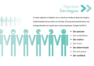 O nosso objectico é trabalhar com o cliente em todas as fases de criação e

implementação da sua marca no mercado. É buscar permanentemente uma

entrega alinhada com aquilo que a marca representa. O papel da DHF é:


                                                • Ser parceiro
                                                • Ser conselheiro
                                                • Ser criativo
                                                • Ser único
                                                • Ser determinado
                                                • Ser pró-activo
                                                • Ser confiável
 