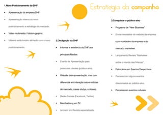 1.Novo Posicionamento da DHF


•   Apresentação da empresa DHF.


•   Apresentação interna do novo                                                              3.Conquistar o público-alvo

    posicionamento e estratégia do mercado.                                                   •   Programa de “New Business”

•   Vídeo multimédia / Motion-graphic                                                         •   Enviar newsletter do website da empresa

•   Material estácionário alinhado com o novo   2.Divulgação da DHF                               com novidades da empresa e do

    posicionamento.                             •   Informar a existência da DHF aos              mercado marketeer.

                                                    principais Medias                         •   Lançamento Revista “Marketeer

                                                •   Evento de Apresentação para                   sobre o mundo das Marcas”.

                                                    potenciais clientes (público-alvo)        •   Patrocínios em Eventos Desportivos.

                                                •   Website (site apresentação, mas com       •   Parceria com alguns eventos

                                                    diferencial em interação sobre notícias       direcionados ao público-alvo.

                                                    do mercado, cases studys, e vídeos)       •   Parcerias em eventos culturais.

                                                •   Redes Sociais (Facebook, Twitter)


                                                •   Merchadising em TV


                                                •   Anúncio em Revista especializada
 