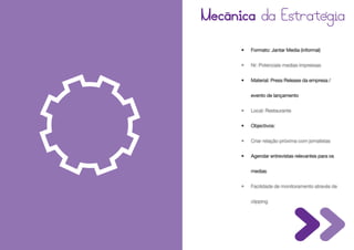 •   Formato: Jantar Media (informal)


•   Nr: Potenciais medias impressas


•   Material: Press Release da empresa /


    evento de lançamento


•   Local: Restaurante


•   Objectivos:


•   Criar relação próxima com jornalistas


•   Agendar entrevistas relevantes para os


    medias


•   Facilidade de monitoramento através de


    clipping
 