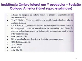 Incidência Ombro lateral em Y escapular – Posição Oblíqua Anterior (túnel supra espinhoso)36