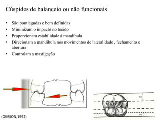 Cúspides de balanceio ou não funcionais
• São pontiagudas e bem definidas
• Minimizam o impacto no tecido
• Proporcionam estabilidade à mandíbula
• Direcionam a mandíbula nos movimentos de lateralidade , fechamento e
abertura
• Controlam a mastigação
(OKESON,1992)
 