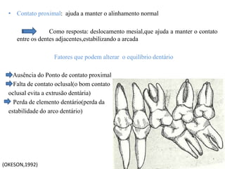 • Contato proximal: ajuda a manter o alinhamento normal
Como resposta: deslocamento mesial,que ajuda a manter o contato
entre os dentes adjacentes,estabilizando a arcada
Fatores que podem alterar o equilíbrio dentário
Ausência do Ponto de contato proximal
Falta de contato oclusal(o bom contato
oclusal evita a extrusão dentária)
Perda de elemento dentário(perda da
estabilidade do arco dentário)
(OKESON,1992)
 