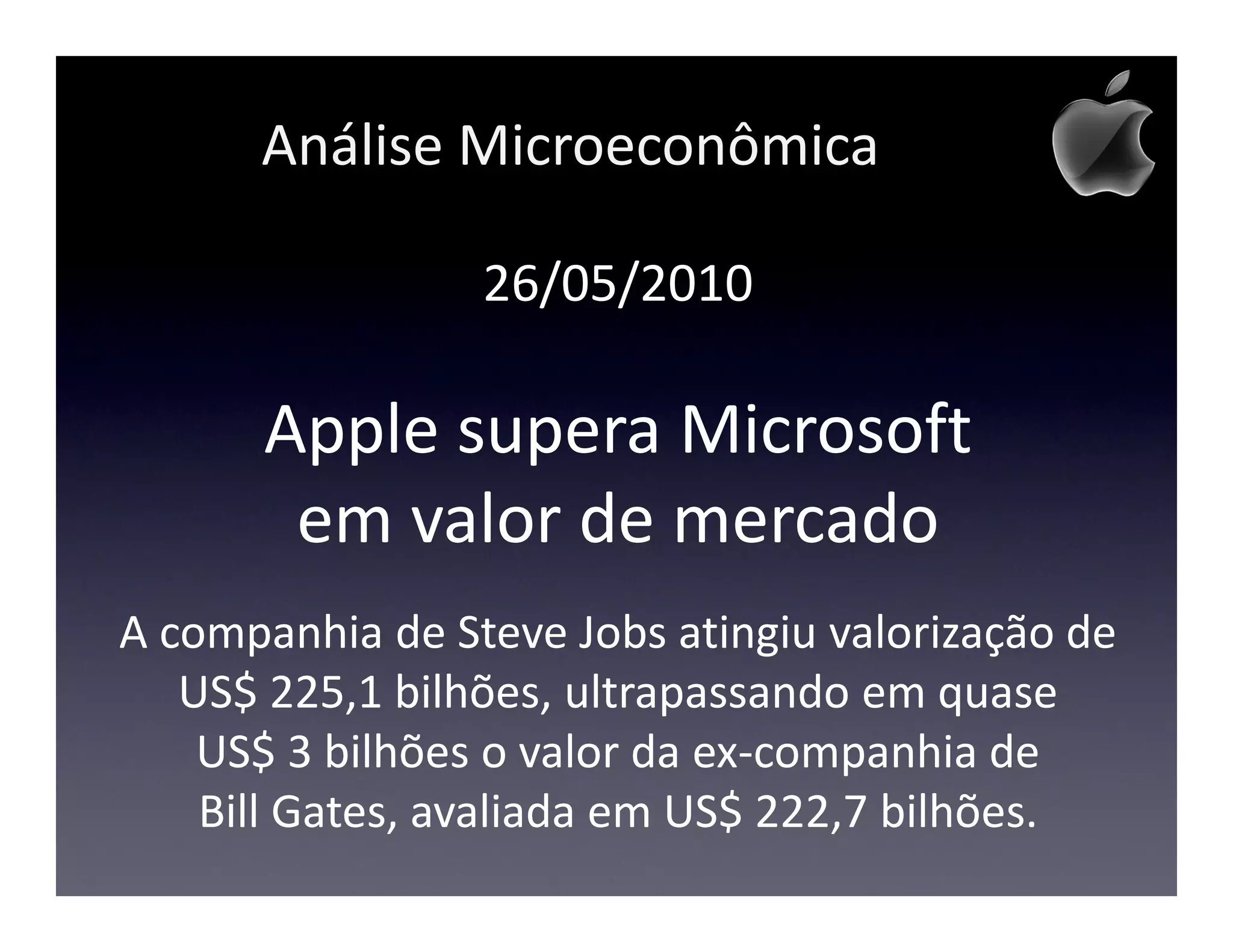 Análise Microeconômica

                 26/05/2010

      Apple supera Microsoft
       em valor de mercado
A companhia de Steve Jobs atingiu valorização de
   US$ 225,1 bilhões, ultrapassando em quase
    US$ 3 bilhões o valor da ex-companhia de
    Bill Gates, avaliada em US$ 222,7 bilhões.
 