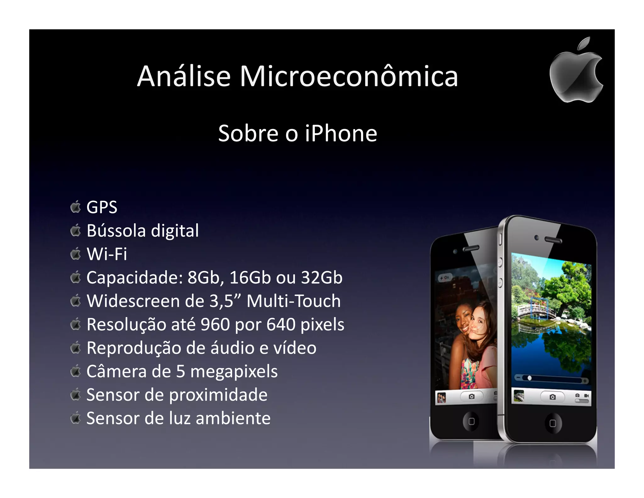 Análise Microeconômica
                Sobre o iPhone

GPS
Bússola digital
Wi-Fi
Capacidade: 8Gb, 16Gb ou 32Gb
Widescreen de 3,5” Multi-Touch
Resolução até 960 por 640 pixels
Reprodução de áudio e vídeo
Câmera de 5 megapixels
Sensor de proximidade
Sensor de luz ambiente
 