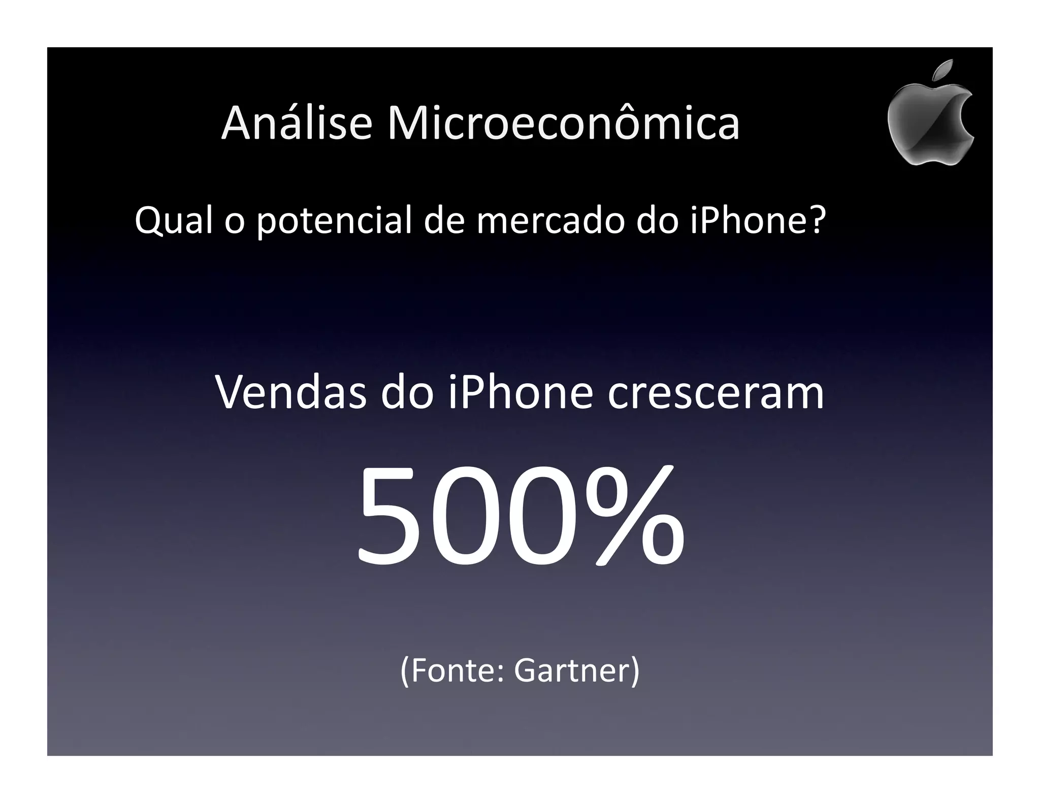 Análise Microeconômica
Qual o potencial de mercado do iPhone?



    Vendas do iPhone cresceram

           500%
              (Fonte: Gartner)
 