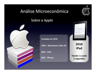 Análise Microeconômica
    Sobre a Apple



          Fundada em 1976


         1984 – Macintoch e Mac OS      2010
                                        iPad
         2001 - iPod
                                     Vende 1 a cada
         2007 - iPhone                2 segundos
 