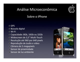 Análise Microeconômica
                Sobre o iPhone

GPS
Bússola digital
Wi-Fi
Capacidade: 8Gb, 16Gb ou 32Gb
Widescreen de 3,5” Multi-Touch
Resolução até 960 por 640 pixels
Reprodução de áudio e vídeo
Câmera de 5 megapixels
Sensor de proximidade
Sensor de luz ambiente
 