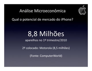 Análise Microeconômica
Qual o potencial de mercado do iPhone?



          8,8 Milhões
        aparelhos no 1º trimestre/2010

      2º colocado: Motorola (8,5 milhões)

           (Fonte: ComputerWorld)
 