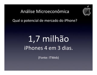 Análise Microeconômica
Qual o potencial de mercado do iPhone?




         1,7 milhão
      iPhones 4 em 3 dias.
               (Fonte: ITWeb)
 