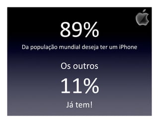 89%
Da população mundial deseja ter um iPhone


             Os outros

             11%
               Já tem!
 