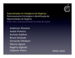 Especialização em Inteligência de Negócios
Posicionamento Estratégico e Identificação de
Oportunidades de Negócio
Profa. Msc. Adriana Bertoldi Carretto de Castro

   Anderson Silvestre
   André Pinheiro
   Aurivan Galdino
   Bruno Andrade
   Fernando Ottoboni
   Marcos Aguiar
   Rogério Gigliotti
   Valdemir Pedro                                 FATEC 2010
 